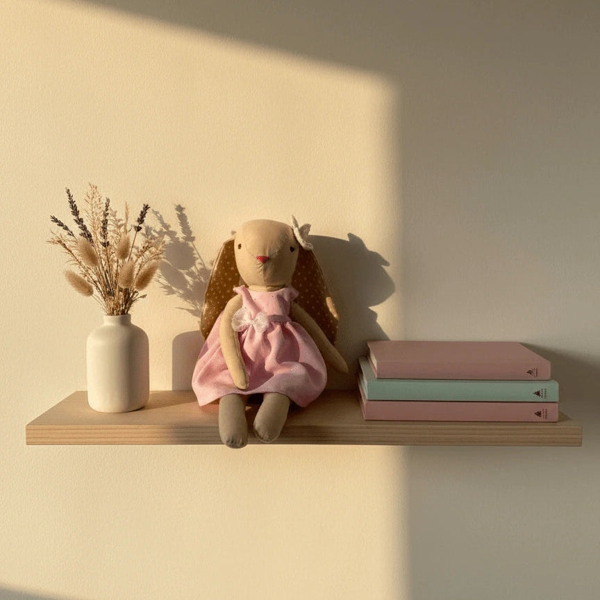 Muñeca de tela con forma de coneja, hecha a mano, con vestido rosa sobre repisa de madera al atardecer.