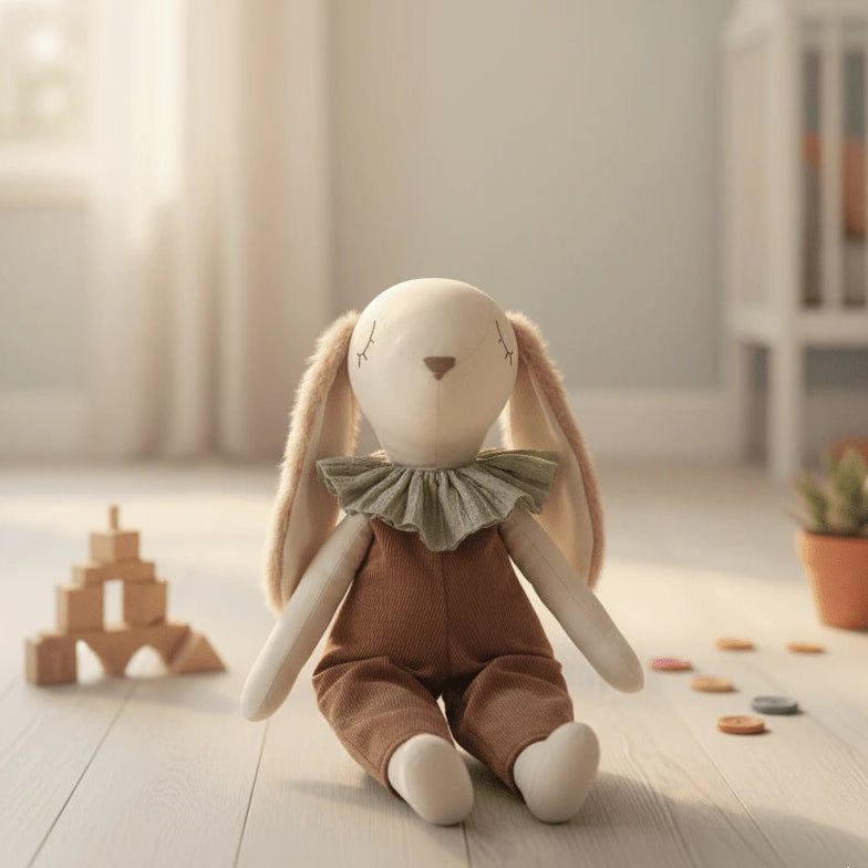 Conejito de tela artesanal en peto café y cuello verde, sentado en el suelo de una habitación infantil de estilo nórdico