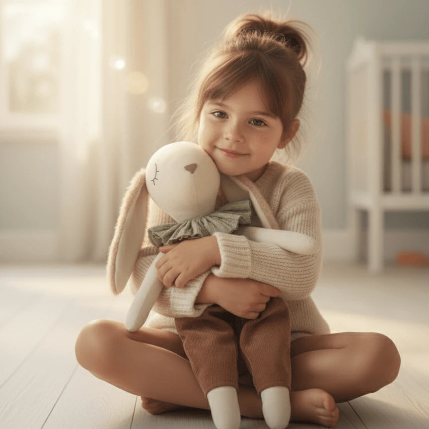 Conejito de tela artesanal en peto café y cuello verde, sentado en el suelo de una habitación infantil de estilo nórdico