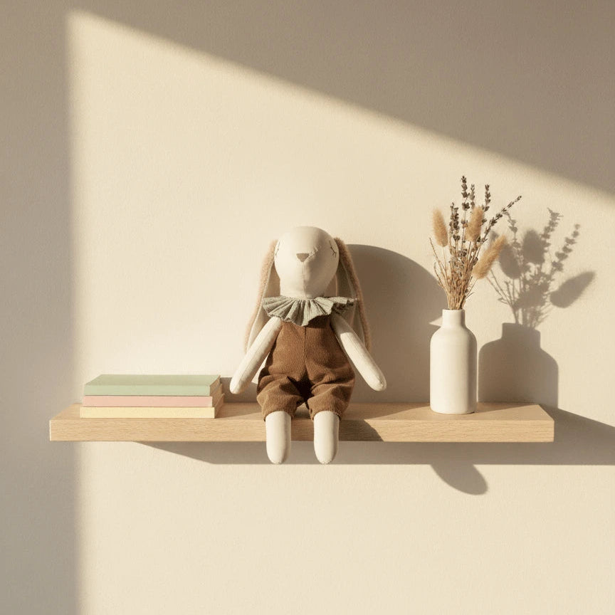 “Conejito de tela artesanal en peto café y cuello verde