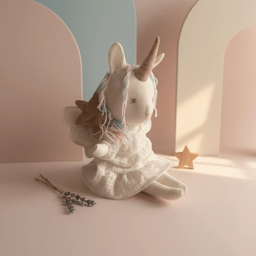 Muñeca unicornio de tela hecha a mano, con vestido blanco y crin en tonos pastel, sentada sobre fondo rosa pastel.