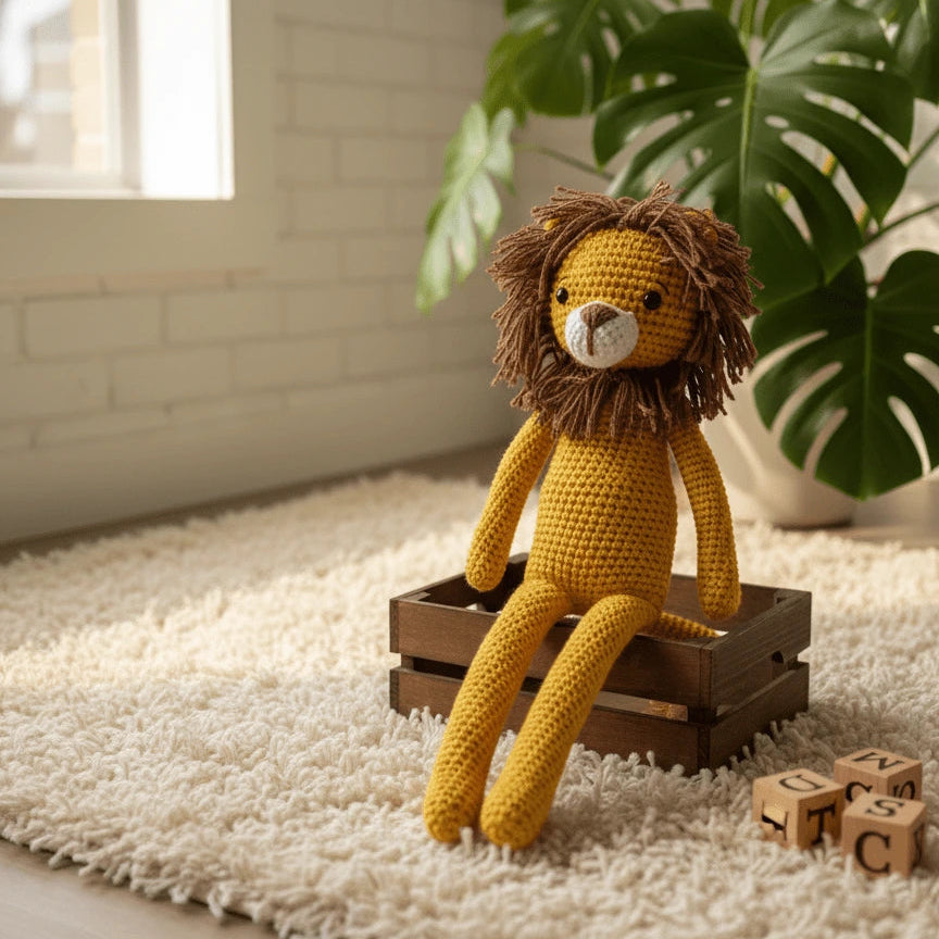 León amigurumi de crochet amarillo con melena café, sentado sobre una caja de madera en una habitación infantil.