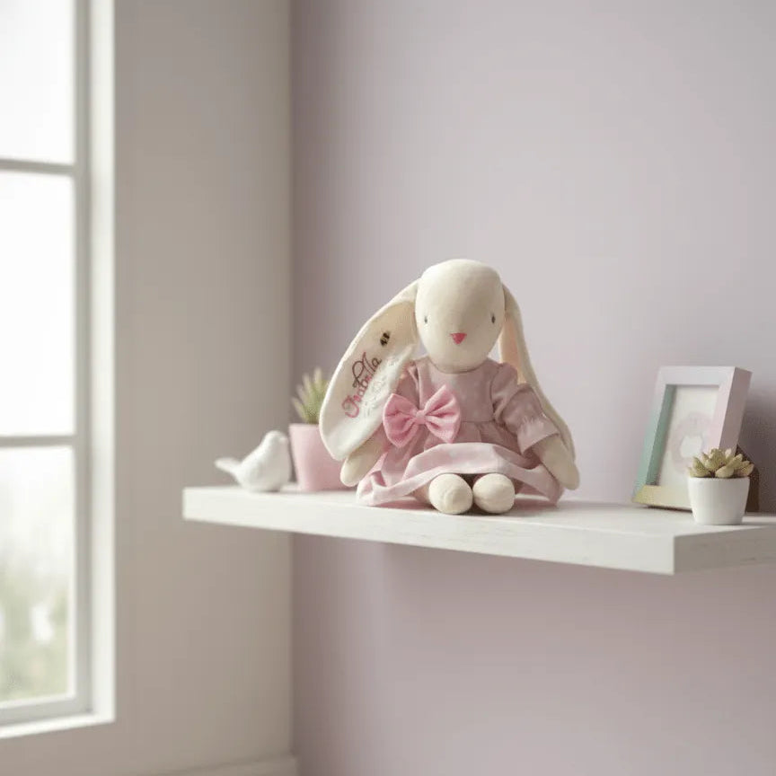 Conejita de peluche de tela con vestido rosa y lazo grande, sentada sobre una repisa blanca en habitación infantil pastel.