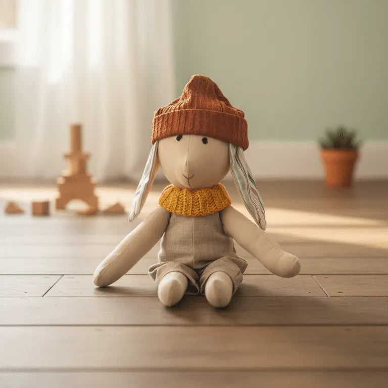 Conejito de tela artesanal con gorro terracota y cuello tejido mostaza, sentado en el suelo de una habitación infantil estilo nórdico.