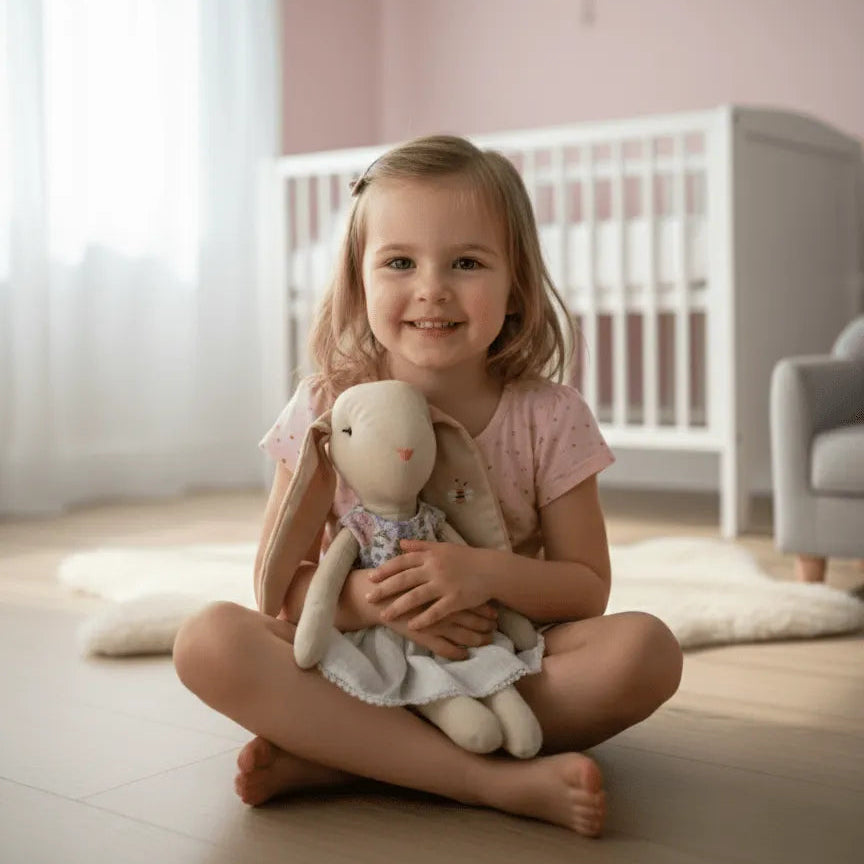 Conejita de tela con vestido blanco bordado – Muñeca de peluche artesanal