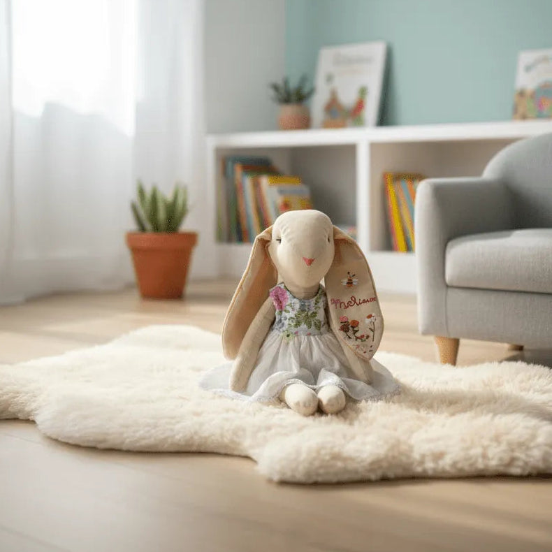 Conejita de tela artesanal con vestido blanco bordado, sentada sobre una alfombra suave en una habitación infantil con estantería de libros.