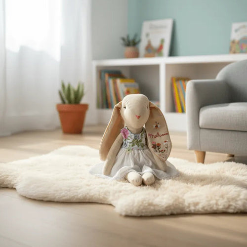 Conejita de tela artesanal con vestido blanco bordado, sentada sobre una alfombra suave en una habitación infantil con estantería de libros.