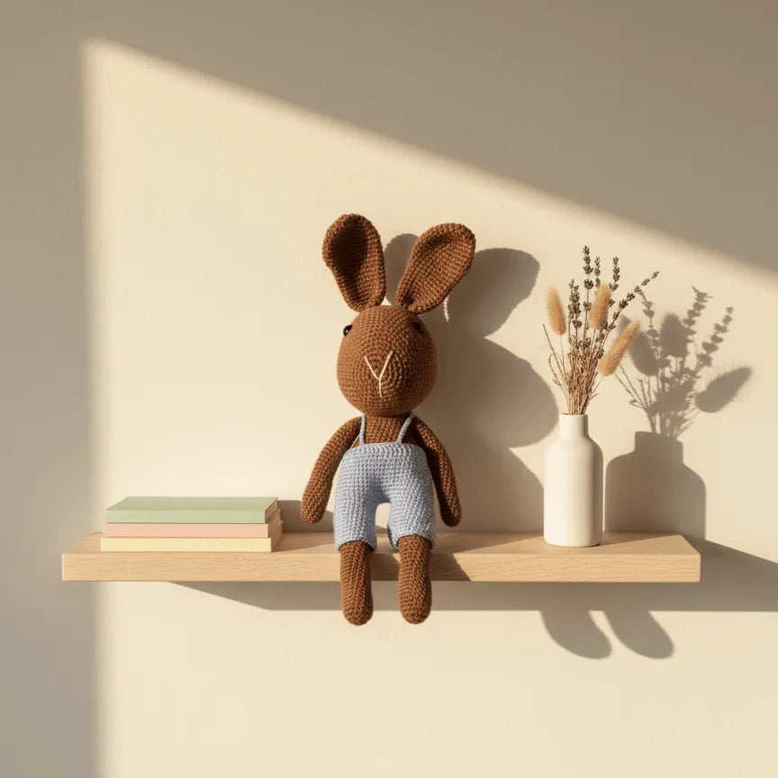 Conejito amigurumi café con peto celeste, tejido a mano, sentado sobre una repisa de madera en habitación infantil de tonos neutros.