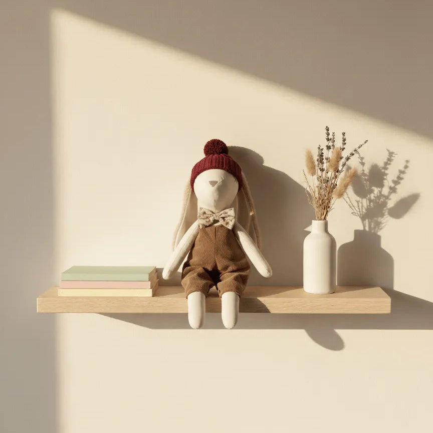 Conejo de tela artesanal con gorro burdeos, enterizo café y lazo, sentado sobre una repisa de madera junto a libros y jarrón con flores secas.