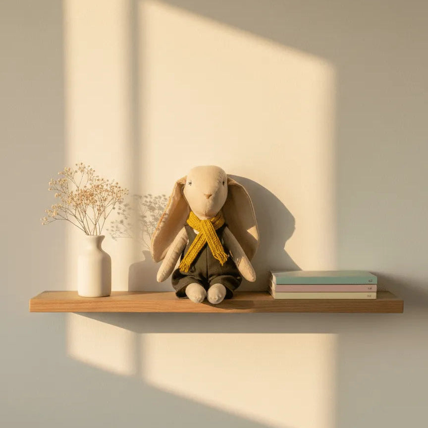 Conejito de tela artesanal con enterizo oscuro y bufanda mostaza, sentado sobre una repisa de madera junto a libros y jarrón con flores secas, iluminado por la luz del sol.