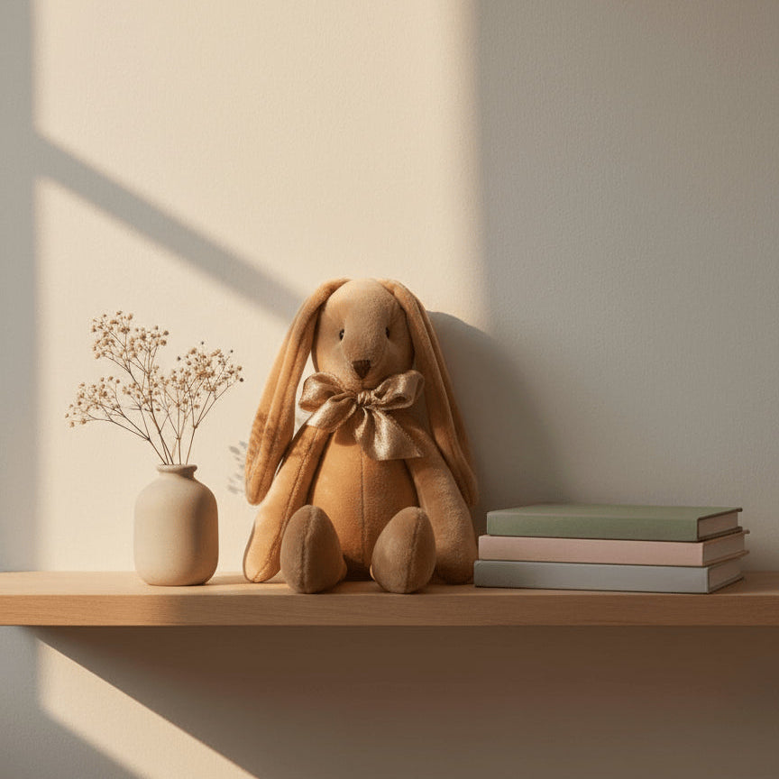 Conejito de peluche color caramelo con lazo dorado, sentado sobre una repisa de madera junto a libros y jarrón en una habitación infantil de tonos neutros.