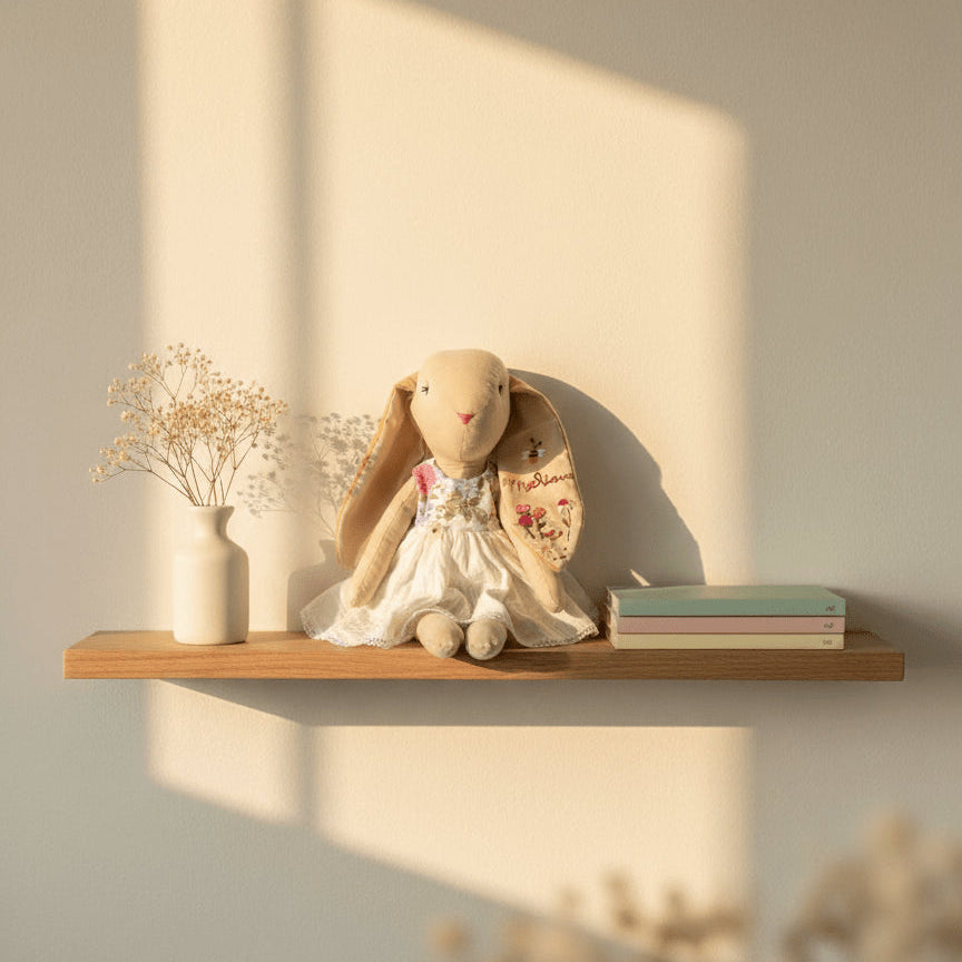 Conejita de tela color miel con vestido blanco bordado, sentada sobre una repisa de madera junto a un jarrón y libros en una habitación infantil iluminada por el sol.