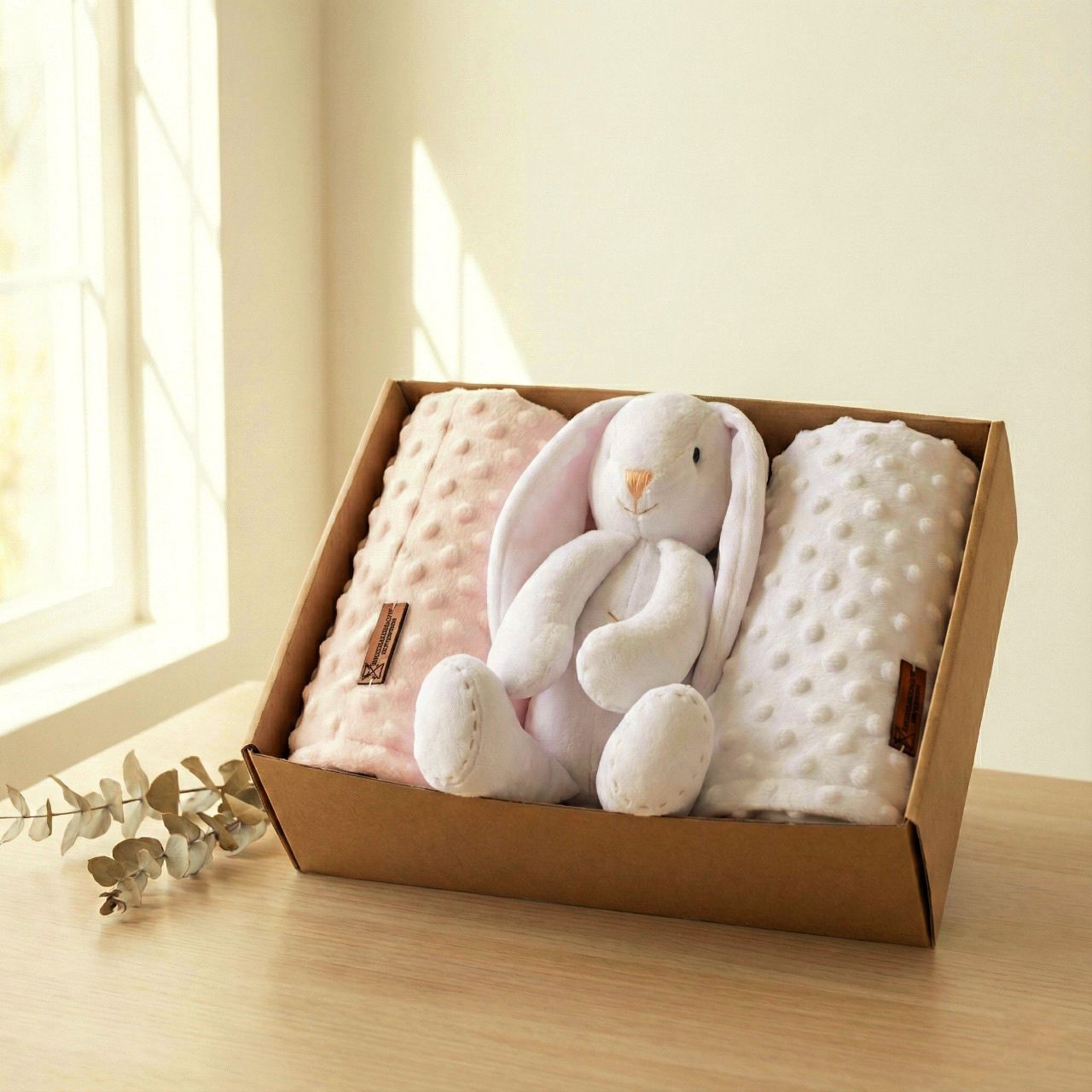 Set regalo bebé con conejito de peluche y mantas suaves rosa y blanca