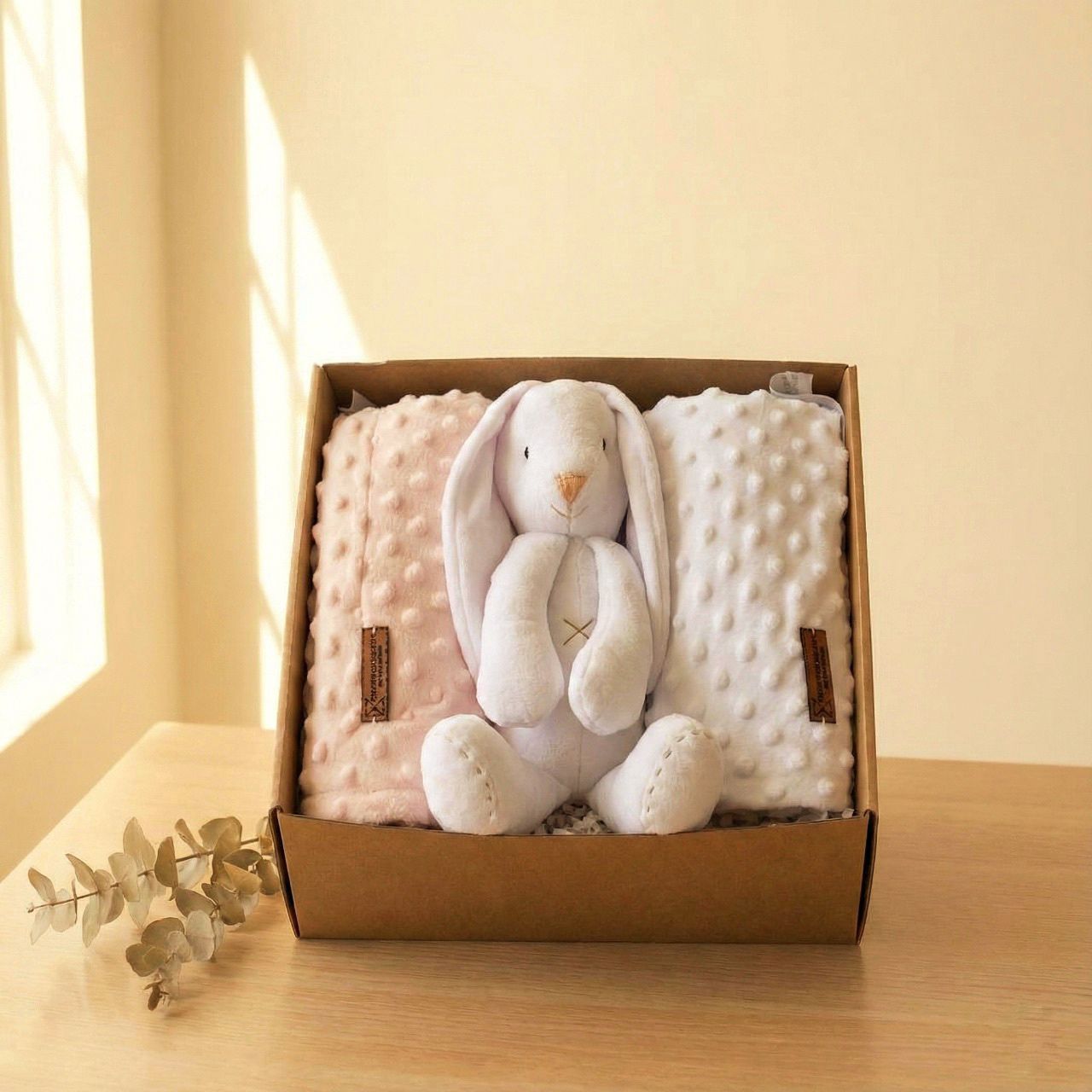 Set regalo para bebé con conejito de peluche blanco y dos mantas suaves rosa y blanca dentro de una caja kraft sobre mesa de madera.