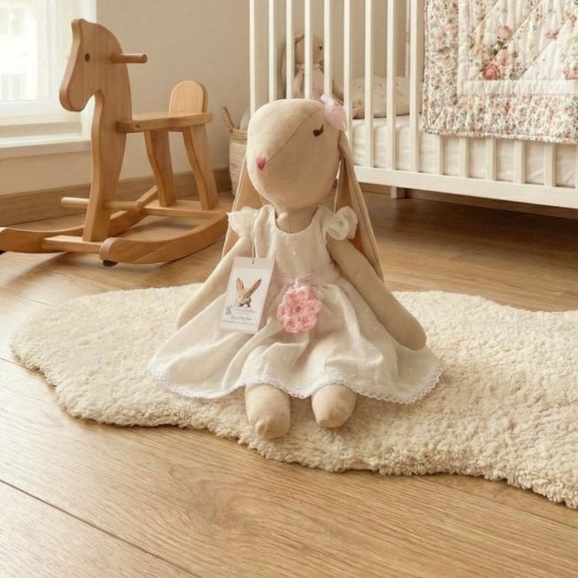 Conejita de tela color miel con vestido blanco y flor rosa, sentada sobre una repisa de madera junto a jarrón con flores secas y libros pastel.”