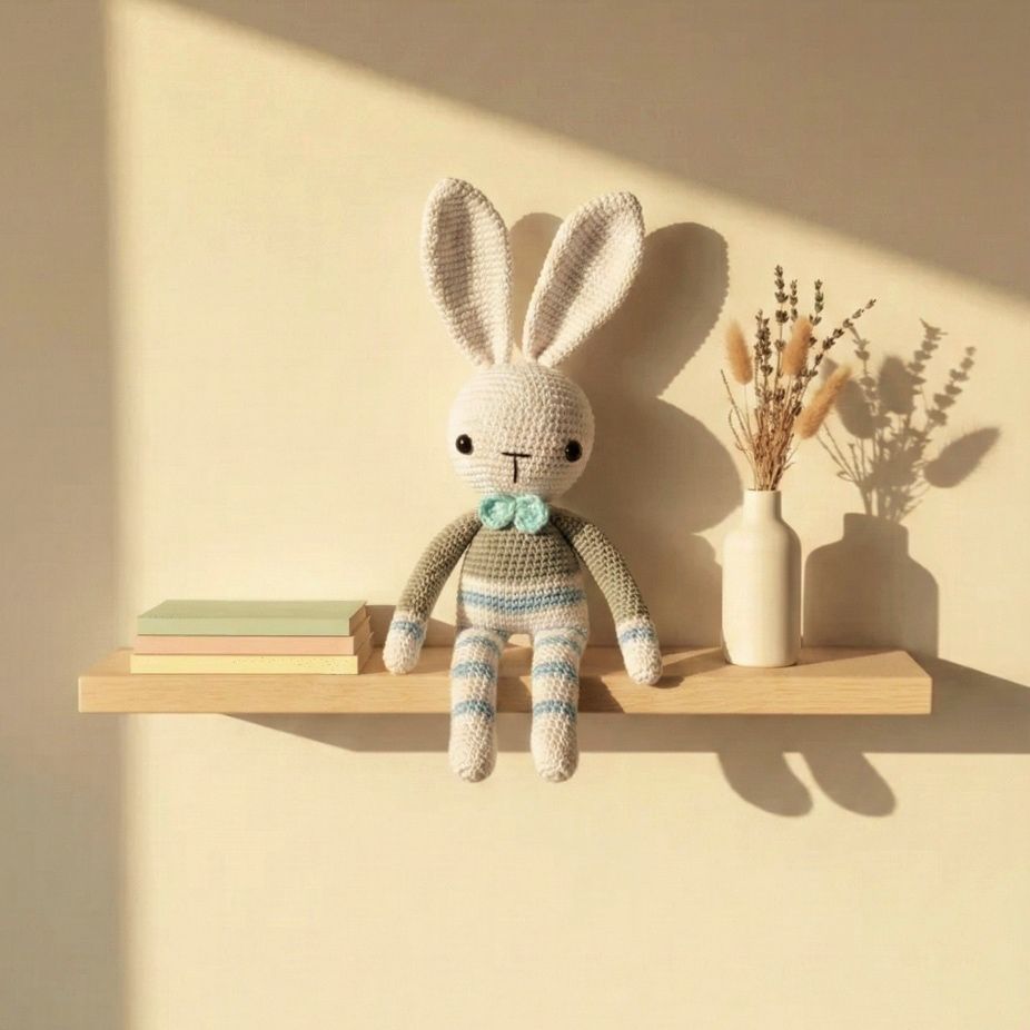 Conejo amigurumi blanco con moño color mint y rayas pastel, sentado sobre una repisa de madera junto a libros y jarrón con flores secas.