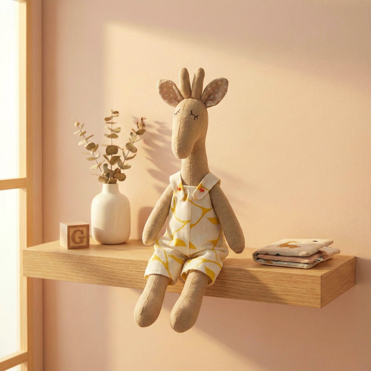 Jirafa de tela artesanal con jardinera amarilla, sentada sobre una repisa de madera junto a un jarrón blanco y un bloque de madera en una habitación infantil.”