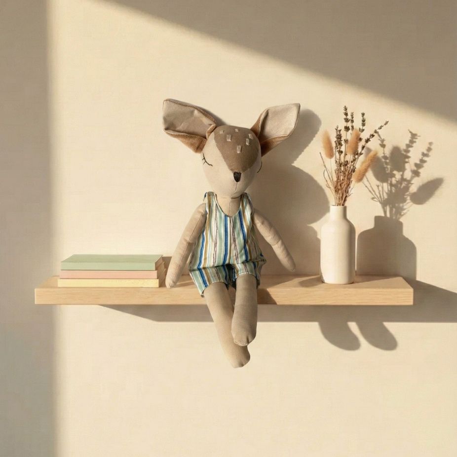 Ciervo de tela artesanal con overol a rayas pastel, sentado sobre una repisa de madera junto a libros y jarrón blanco con flores secas en una habitación infantil iluminada por el sol.