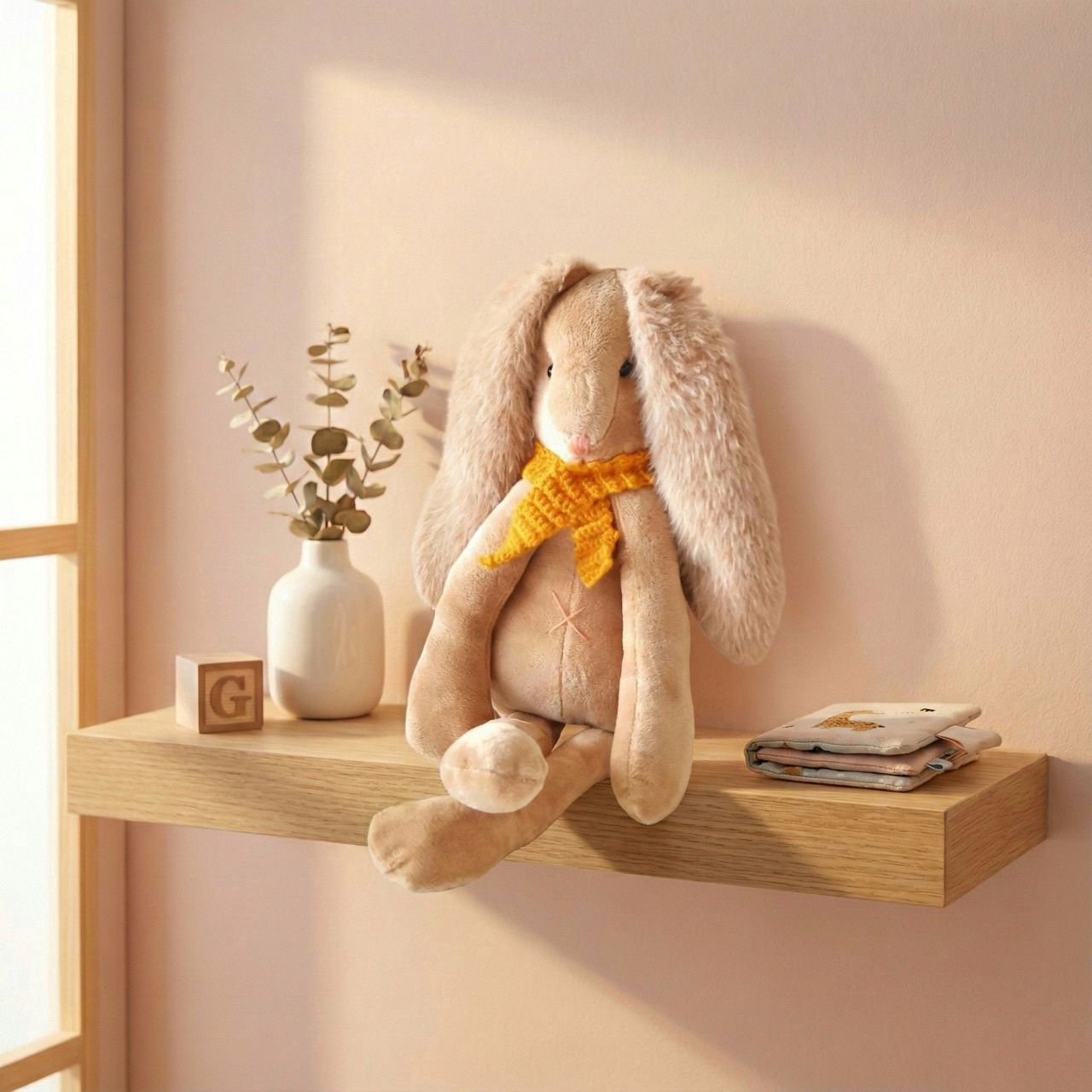Conejo de peluche beige con orejas peluditas y bufanda tejida mostaza, sentado sobre una repisa de madera junto a un jarrón blanco y un bloque de madera en una habitación infantil.