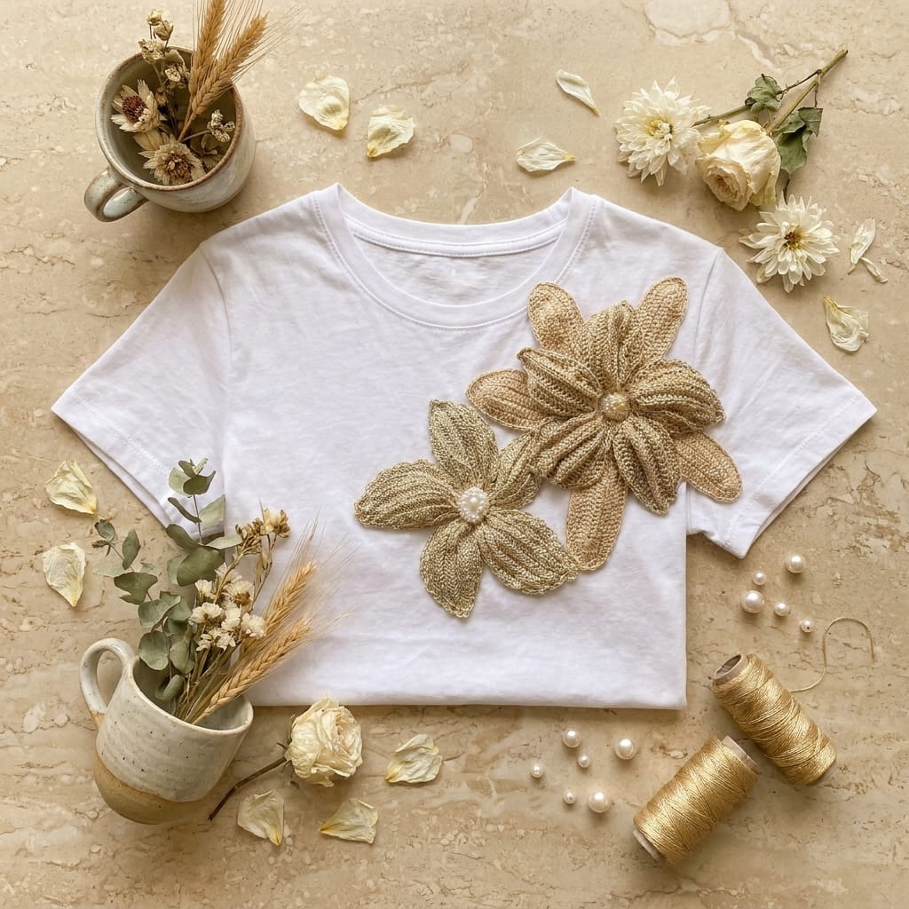 Camiseta blanca con flores tejidas a crochet champagne sobre mármol beige con flores secas y perlas