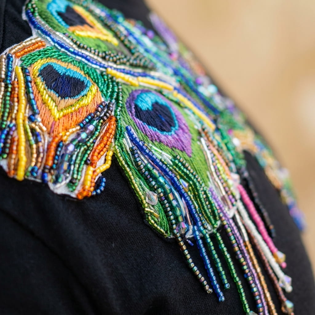 Detalle macro de bordado artesanal con chaquiras iridiscentes y mostacillas de colores en camiseta negra