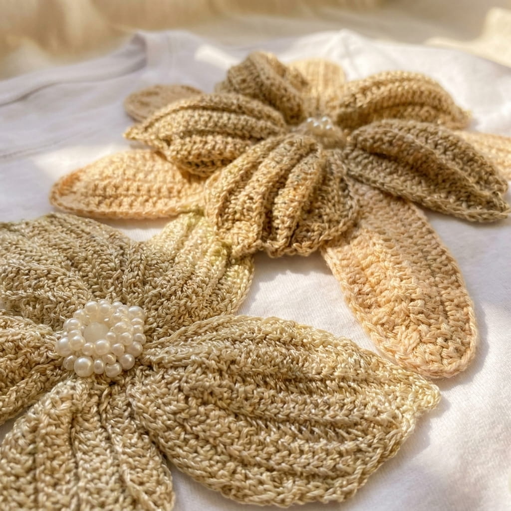 Primer plano de tejido crochet artesanal colombiano con pétalos tridimensionales en hilo dorado beige