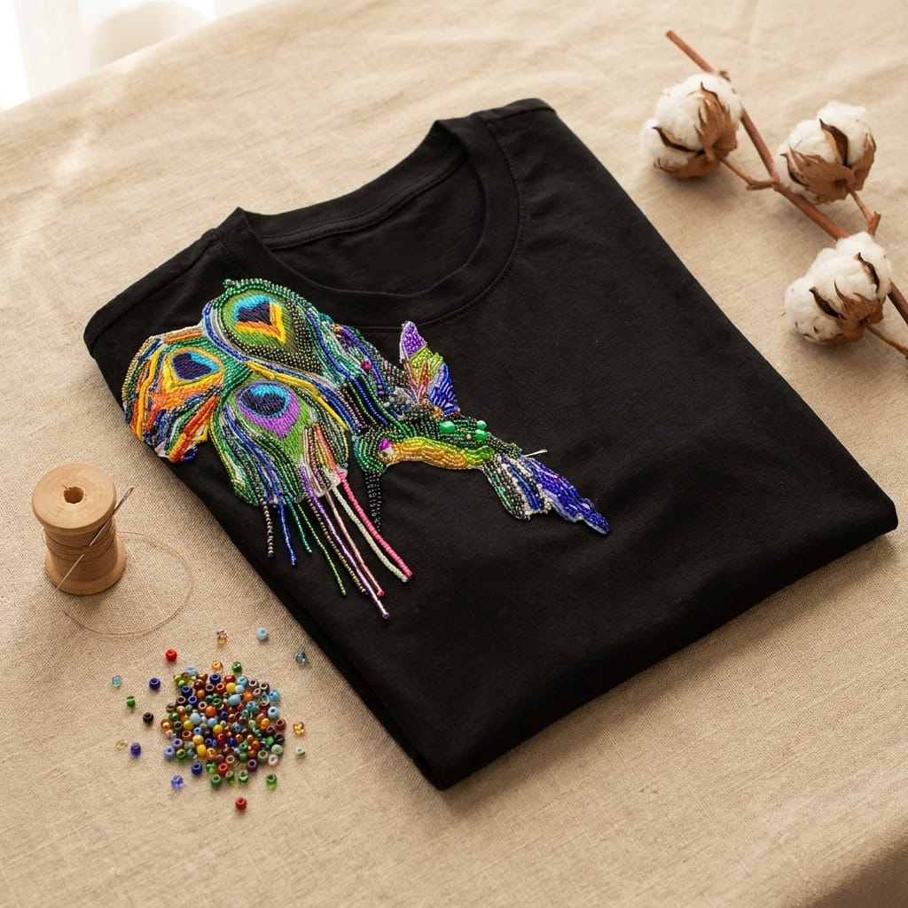 Camiseta artesanal colombiana con bordado de chaquiras plumas de pavo real sobre tela lino beige