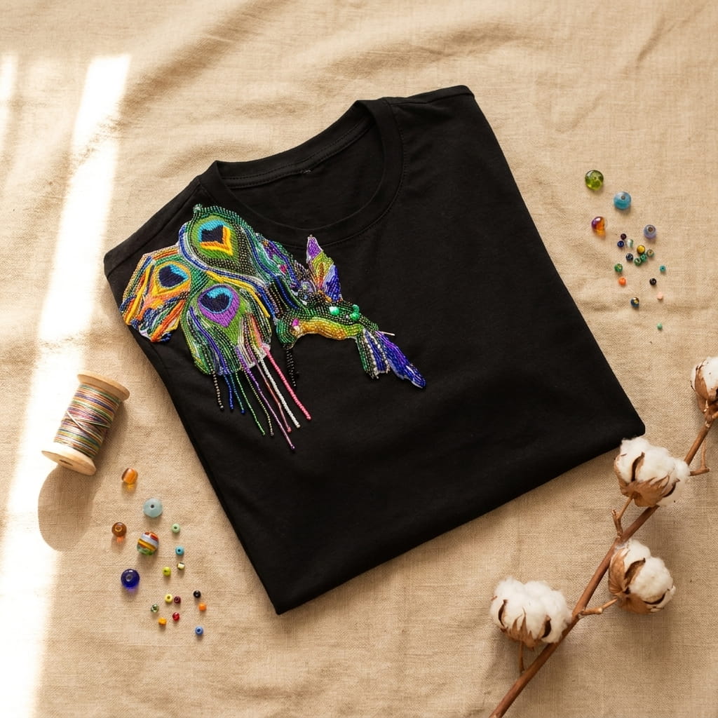 Camiseta negra bordada a mano con chaquiras y diseño de plumas de pavo real, flat lay con hilo y algodón