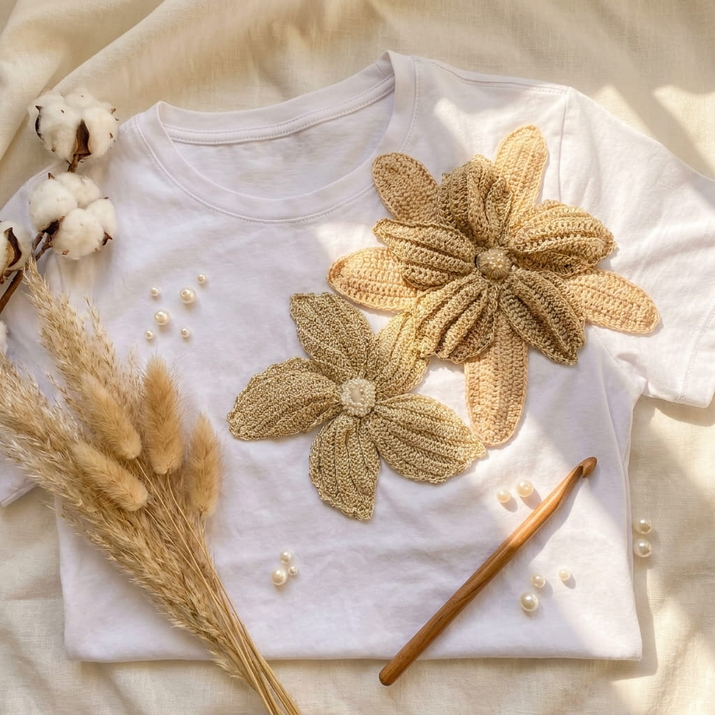 Camiseta artesanal colombiana con flores crochet 3D en tonos dorados, flat lay con pampa grass y perlas