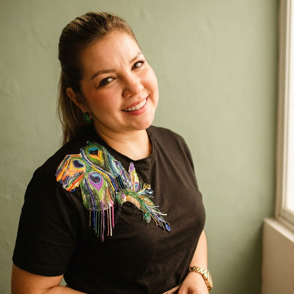 Mujer sonriendo con camiseta negra bordada a mano con chaquiras diseño pavo real, fondo verde salvia