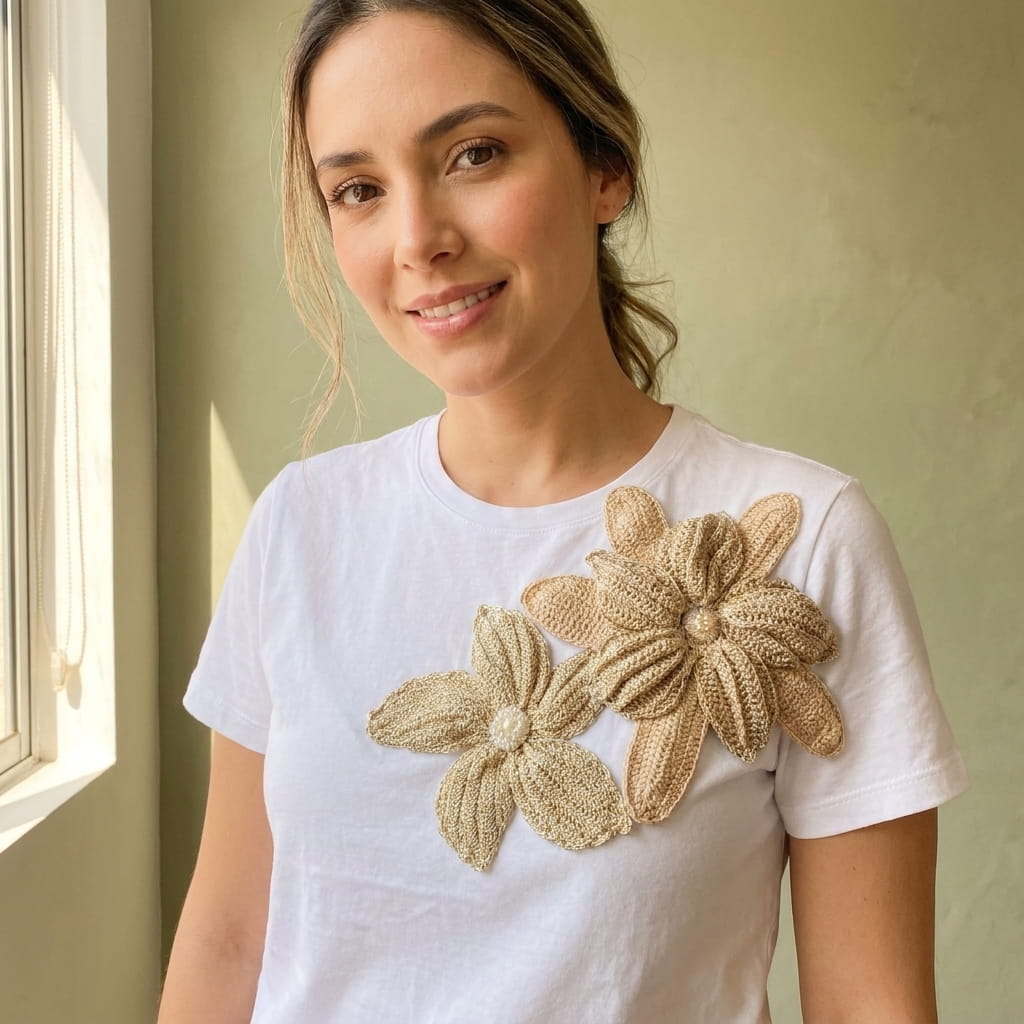 Mujer con camiseta blanca y flores crochet doradas hechas a mano, fondo verde salvia, artesanía colombiana