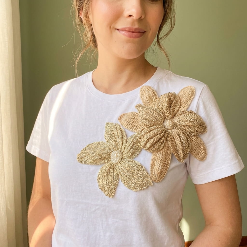 Camiseta con aplicación de flores tejidas a crochet champagne, diseño exclusivo hecho a mano en Colombia