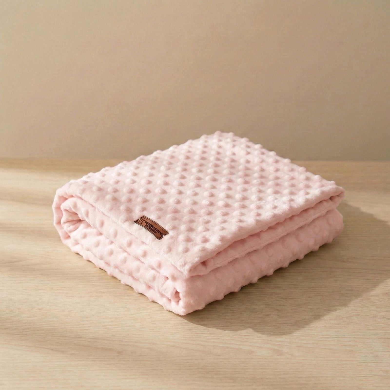 Manta minky rosada para bebé doblada con textura de puntos en relieve sobre mesa de madera