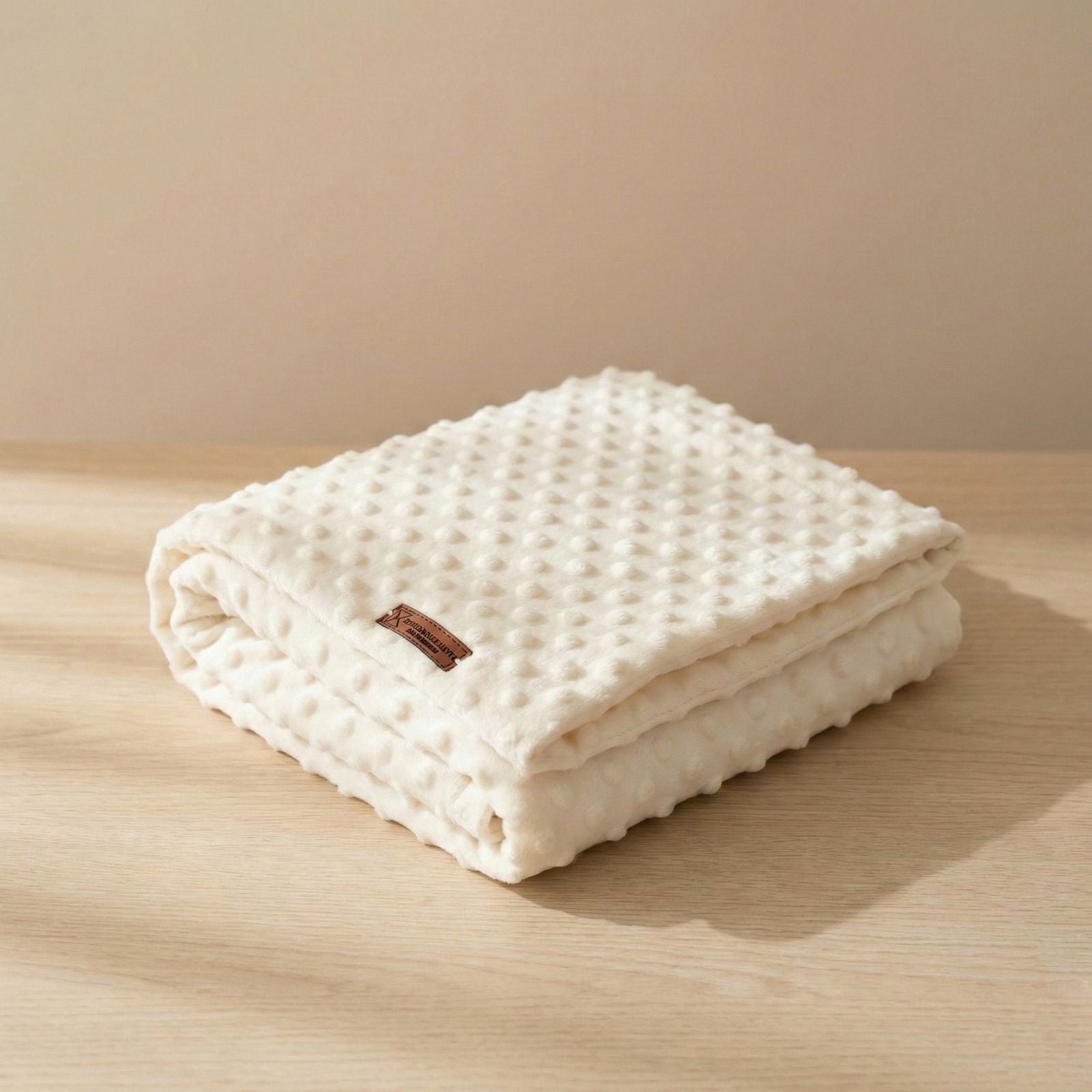 Manta minky color marfil para bebé doblada con textura de puntos en relieve sobre mesa de madera