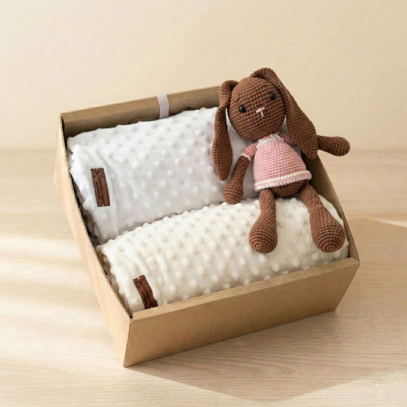 Caja regalo para bebé con dos mantas minky blancas con textura de puntos y conejita tejida a mano amigurumi con vestido rosado encima