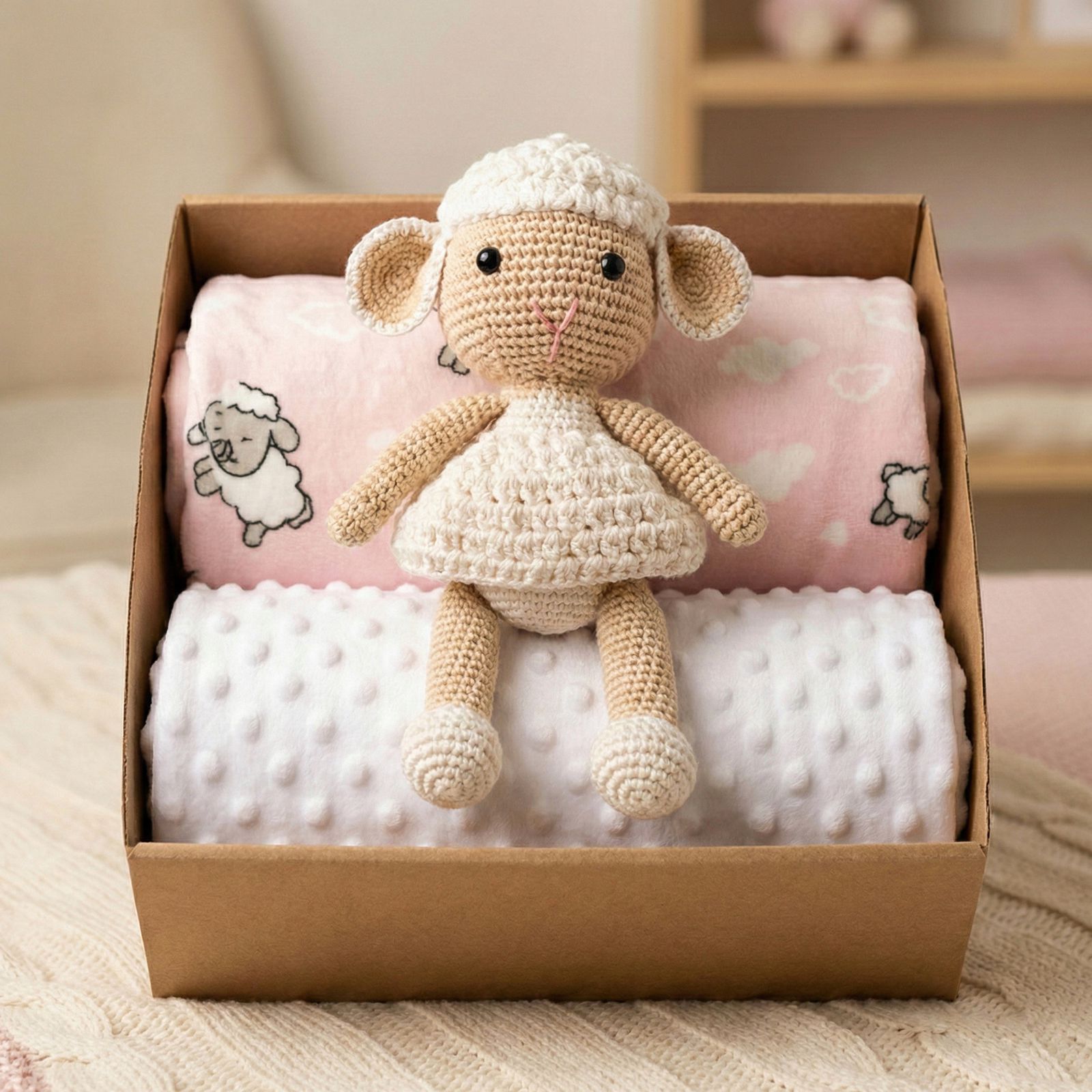 Caja regalo para bebé con manta rosada estampada de ovejitas, manta minky blanca con textura de puntos y ovejita tejida a mano amigurumi al centro