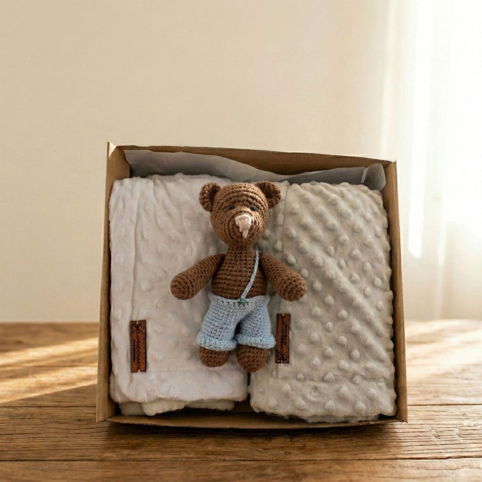 Caja regalo para bebé con dos mantas minky blancas con textura de puntos y osito tejido a mano amigurumi con pantalón azul claro al centro