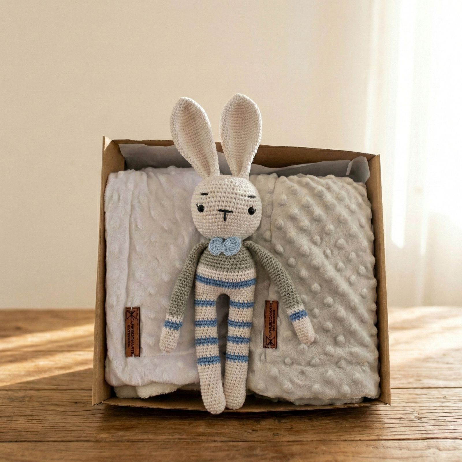Caja regalo para bebé con dos mantas minky blancas con textura de puntos y conejito tejido a mano amigurumi con moño azul al centro