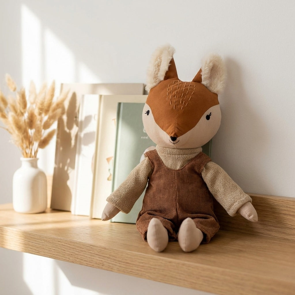 Zorrito de tela artesanal sobre repisa de madera en habitación infantil estilo nórdico