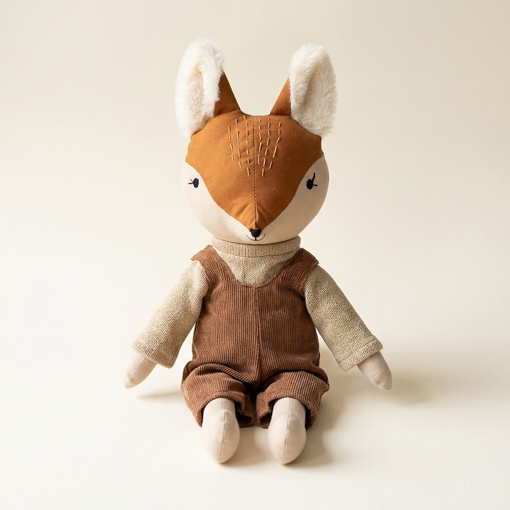 Zorrito de tela hecho a mano con overol de pana café y suéter beige, sobre fondo crema