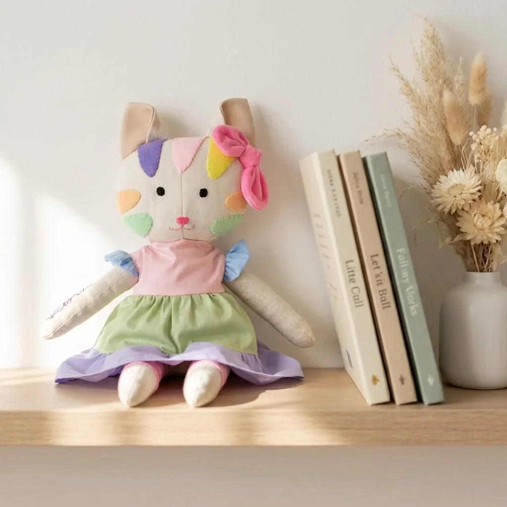 Gata de tela artesanal sentada en repisa de madera en habitación infantil estilo nórdico
