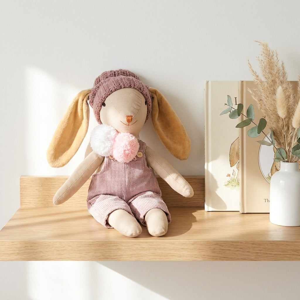 Conejita de tela con gorro tejido sobre repisa de madera en habitación infantil nórdica