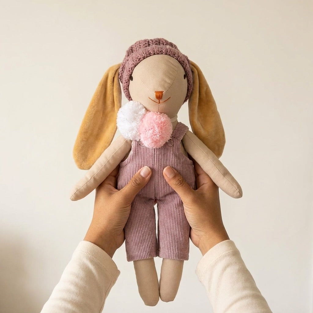 Manos sosteniendo la conejita de tela con gorro tejido para mostrar su tamaño real