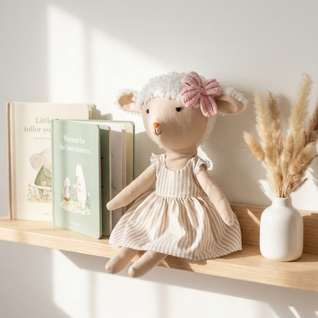 Ovejita artesanal sobre repisa de madera en habitación infantil estilo nórdico