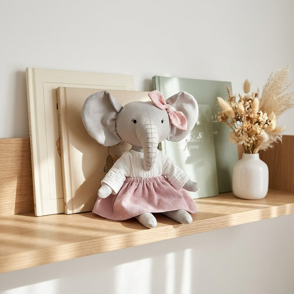 Elefantita artesanal sobre repisa de madera en habitación infantil estilo nórdico